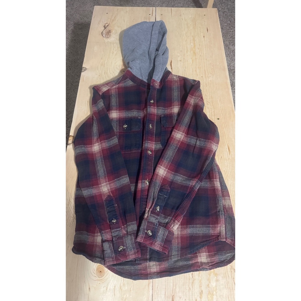 Old Navy Mens Small Red Navy Plaid Double‎ Brushed Hooded Flannel Shirt